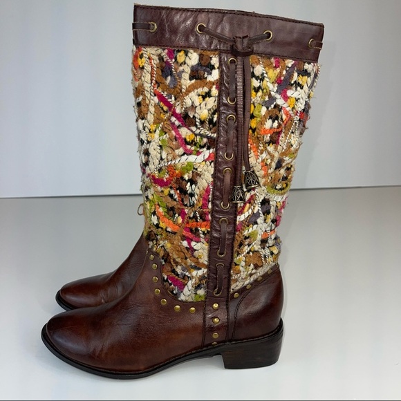 Spring Step Tapestry Woven Mid Calf Boho Western Boot Brown Leather - Picture 5 of 17